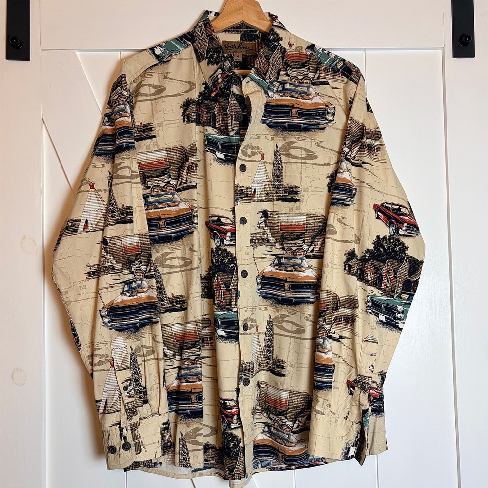 North River Outfitters Mens XL Pontiac GTO Car Longhorn Print Shirt Oyster